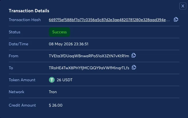 หน้าฝากเงิน BK8 ด้วย USDT TRC20 ขั้นต่ำ 10 USDT
