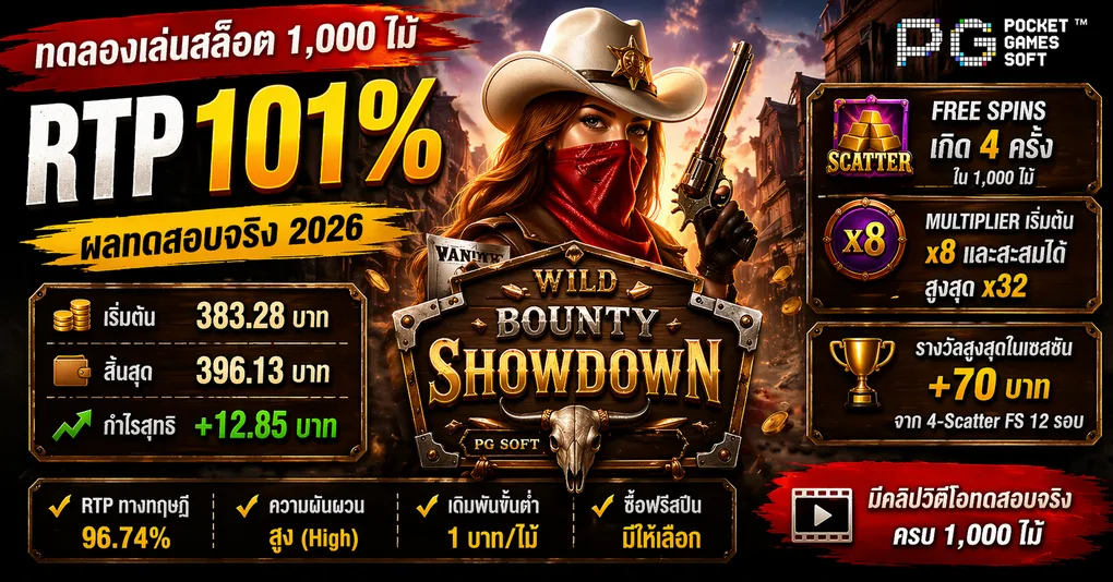 ทดลองเล่นสล็อต Wild Bounty Showdown PG Soft — RTP 101% ผลทดสอบจริง 1,000 ไม้ 2026