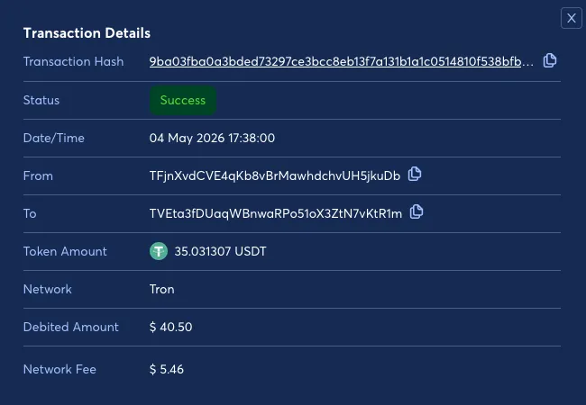 หน้าถอนเงิน BK8 ด้วย USDT TRC20 ค่าธรรมเนียมถอน 5.46 USDT